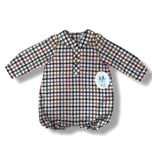 Luli & Me Bubble Romper Baby Boys 6M Green Autumn Checks Plaid Long Sleeve New